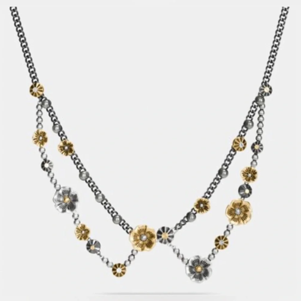 COACH Womens Tea Rose Applique Mixed-Metal Chain 18” Necklace Eclectic Studs NEW